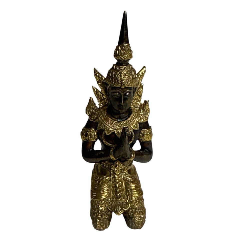 Vintage Thai Kneeling Figure Statue Wai Prayer Asian Decor Gold Black
